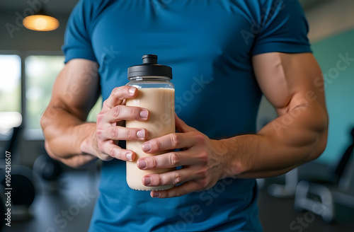 Man is a trainer. In gym with protein shake in hands, muscle mass building, workout, fitness, nutrition, healthy lifestyle concept. Gym background photo