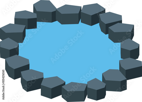 Small artificial pond surrounded by isometric grey stones, ideal for relaxing in a peaceful environment