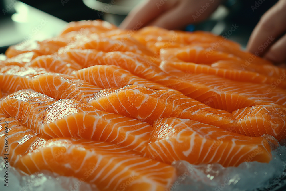 Freshly sliced salmon fillets arranged artistically on ice in a vibrant kitchen setting. Generative AI Freshly sliced salmon fillets arranged artistically on ice in a vibrant kitchen setting. Generative AI