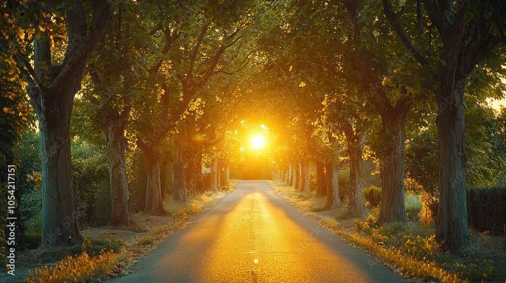 Fototapeta premium A Sunlit Road Through A Canopy of Trees