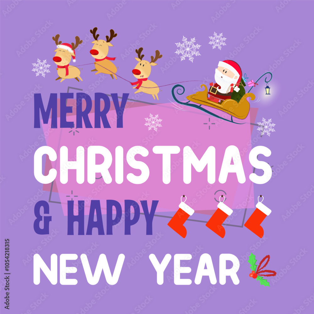 Fototapeta premium Merry Christmas lettering with Santa Claus in sleigh, reindeers and socks. Christmas greeting card. Handwritten text, calligraphy. For leaflets, brochures, invitations, posters or banners.