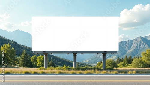 White billboard near the road with mountain view, clean and minimalist design, large and empty, ready for custom text or graphics. horizontal advertisement mockup, summer