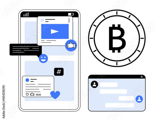 Mobile phone displaying social media notifications, video play icon, and interaction buttons. Bitcoin symbol and chat window. Ideal for tech, finance, social media, communication, digital marketing