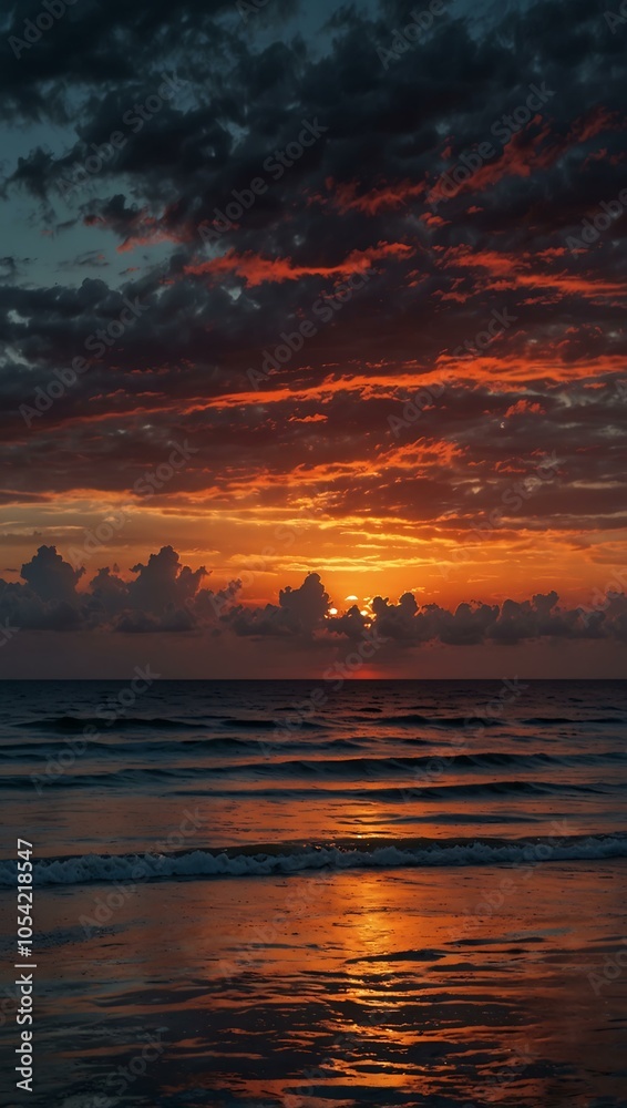 Obraz premium Stunning sunset over calm sea with vibrant hues blending into darkening sky.