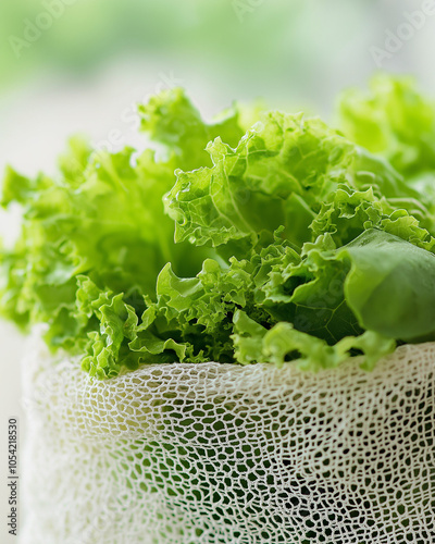 A close-up of an organic cotton mesh bag filled with fresh greens like lettuce and spinach against a soft background. The fine mesh adds texture, while natural light highlights the eco-friendly materi photo