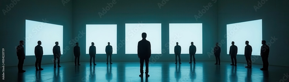 Obraz premium A solitary figure stands amidst a group in a dimly lit space, creating a striking contrast in a modern artistic environment.
