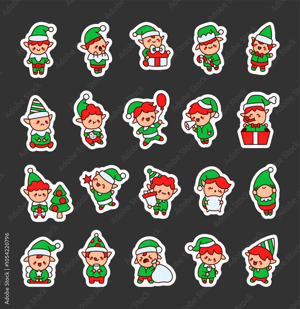 Fototapeta premium Cute kawaii cartoon outline Christmas elves collection with different poses and festive items for winter holiday season