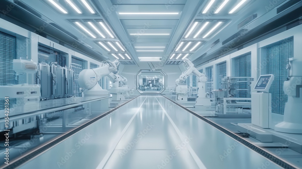 Naklejka premium futuristic smart factory interior showcasing advanced automation and robotics, illustrating industry 4.0 concepts with interconnected machines and innovative engineering processes