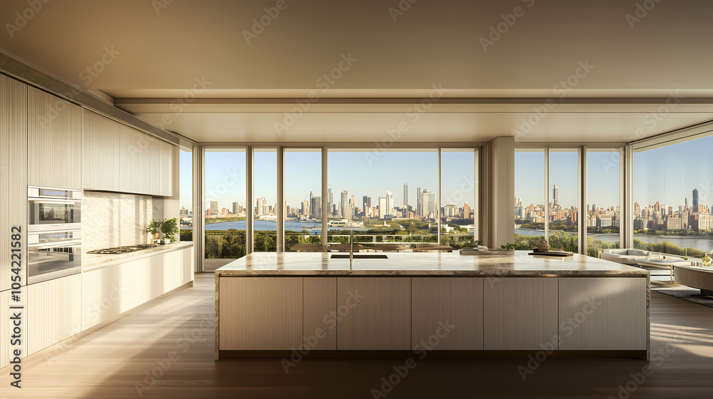 Fototapeta premium Open Scandinavian living room design with natural light, a light gray couch, and minimal decor in soft earthy tones