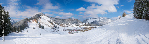 alpine winter landscape panorama Spitzing, view to Bodenschneid and Brecherspitz mountain, bavarian alps photo