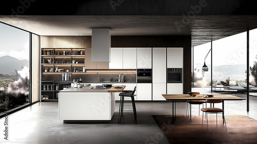 Open-concept kitchen with handleless white cabinets, a waterfall countertop island, and an open shelving system photo