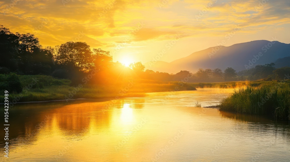 Fototapeta premium golden sunlight breaking over a tranquil river, illuminating the water and surrounding landscape, conveying a sense of peace, renewal, and the beauty of nature at dawn