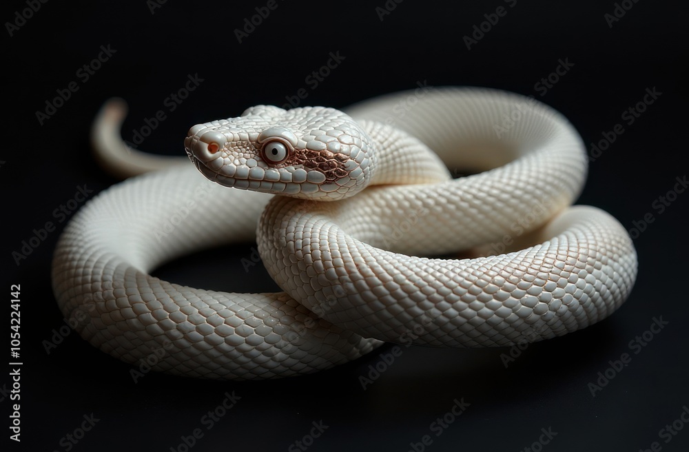 striking close-up of white snake with bronze stripe on black background striking close-up of white snake with bronze stripe on black background