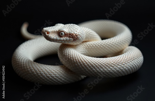 striking close-up of white snake with bronze stripe on black background