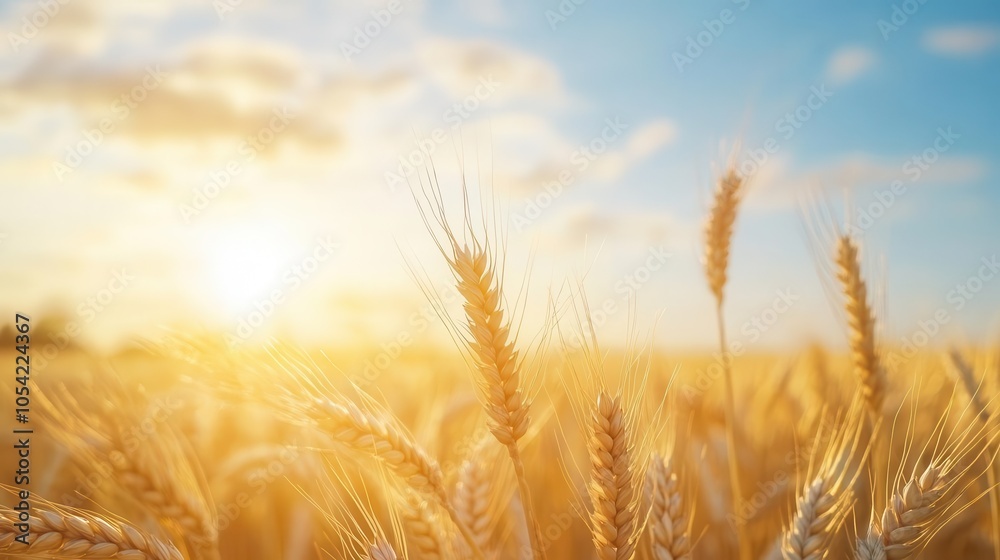 Fototapeta premium golden wheat field basking in the soft light of the morning sun, with wispy clouds drifting in a serene blue sky, capturing tranquility and the beauty of nature