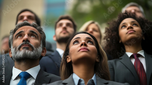 group of businesspeople looking up. 