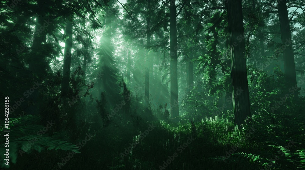 Fototapeta premium A misty forest with sunbeams streaming through the trees, creating a tranquil and mysterious atmosphere.