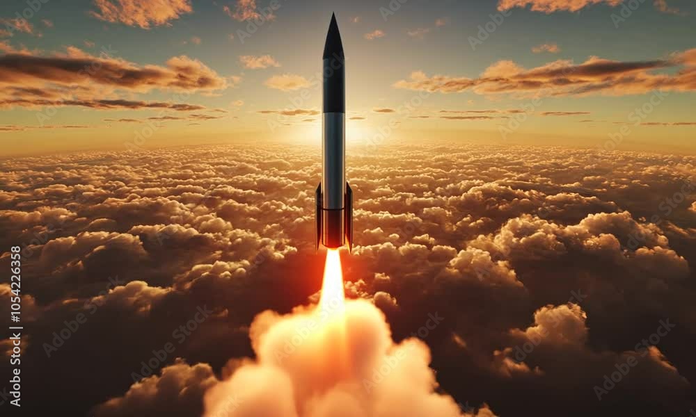 A rocket ascends through clouds at sunset, symbolizing exploration and technological advancement.