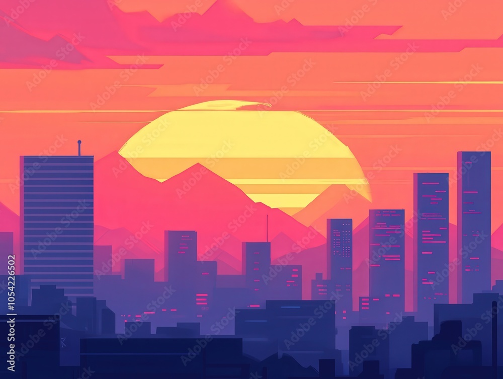 Naklejka premium Stunning Sunset Over a Vibrant Cityscape with Mountains in the Background