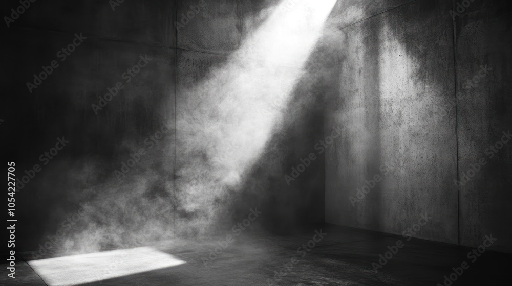 A dimly lit room with a beam of light illuminating particles in the air. A dimly lit room with a beam of light illuminating particles in the air.