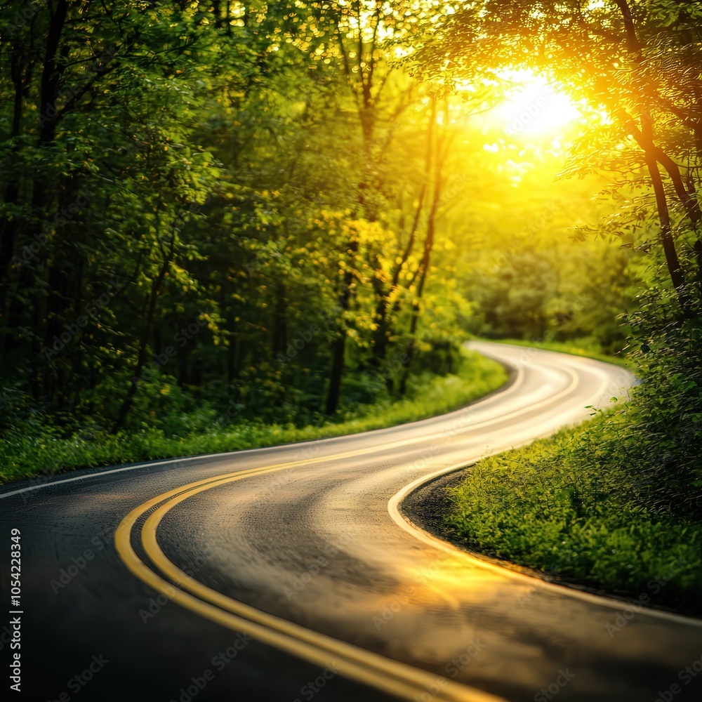 Fototapeta premium Winding Through Nature's Serenity A Scenic Sunset Drive Along a Forest Road
