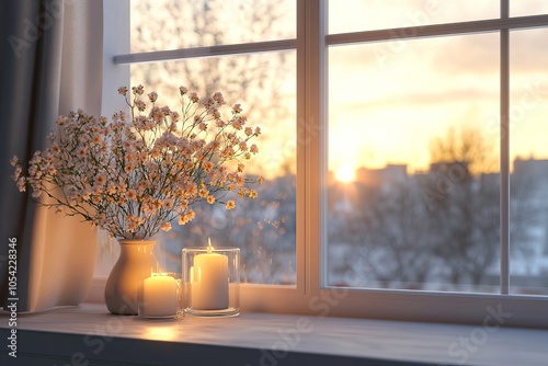 Home mockup, frame close up standing on windowsill at winter evening time, 3d render, Generative AI