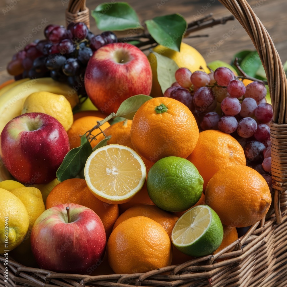 A photo of a wicker basket filled with organic fruits. A photo of a wicker basket filled with organic fruits.