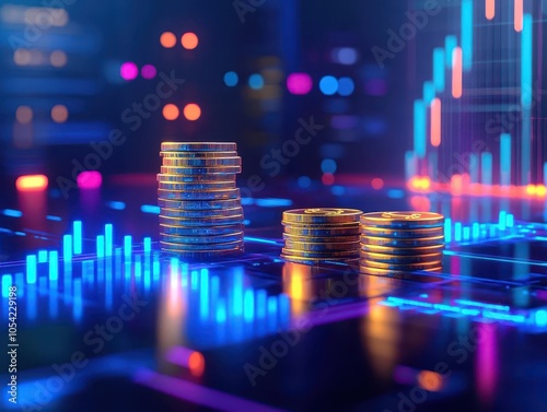 Wallpaper Mural 3d illustration of a vibrant blue finance graph alongside a stack of golden coins, symbolizing investment growth and success, set in a sleek technological environment Torontodigital.ca