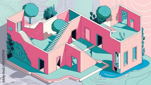 Create an isometric vector illustration with surreal room photo