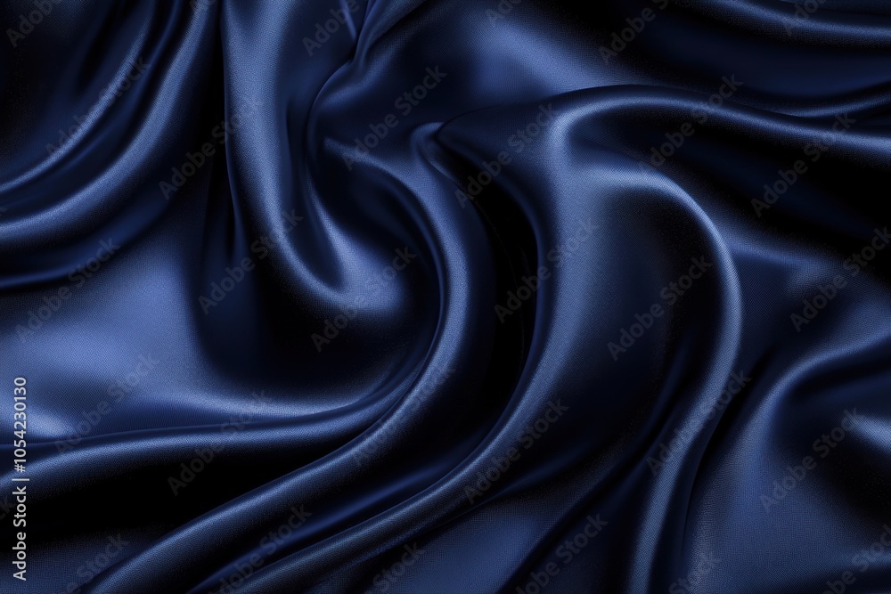 Fototapeta premium Rich dark blue silk fabric. Elegant textured backdrop ideal for design. Sleek, polished feel. Soft cascading layers. Color shifts. Fluid curves. Curvy patterns