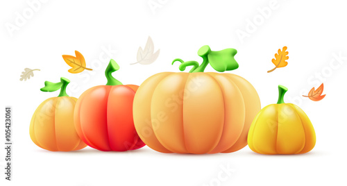 Vector autumn illustration of orange color pumpkin set and leaves on white background. 3d style cartoon design of pumpkin and leaf pattern for thanksgiving day web banner, halloween party poster