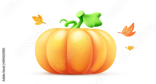 Vector autumn illustration of orange pumpkin and leaves on white color background. 3d style cartoon design of pumpkin and leaf for thanksgiving day web banner, halloween party poster