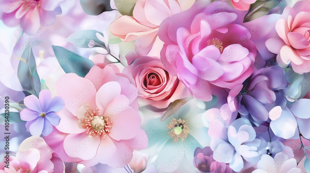 A delicate floral pattern in pastel shades, with watercolor-style flowers scattered on a soft background