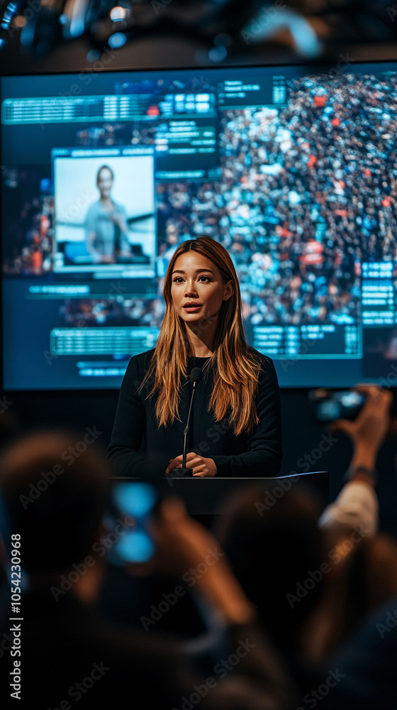 Woman addressing a crowd in front of a large display screen Woman addressing a crowd in front of a large display screen