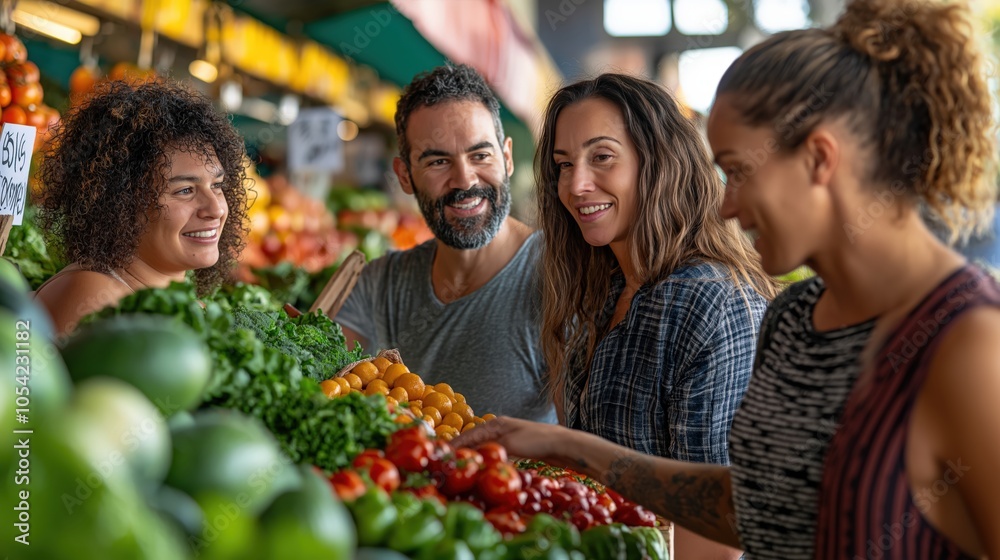 Group of friends enjoying fresh produce selection at vibrant farmers market stall Group of friends enjoying fresh produce selection at vibrant farmers market stall