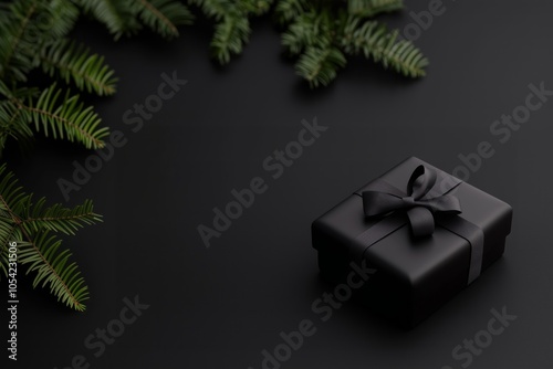 Minimalistic luxury black gift box on a podium with pine decor. Monochrome banner with wrapped present on solid background. Perfect for black friday sale announcement or world shopping day promo.
 photo