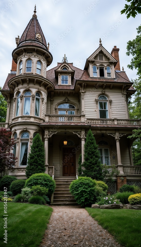 Fototapeta premium Victorian-style house with intricate architecture surrounded by landscaped garden 