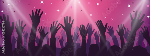 Vector illustration of an enthusiastic crowd with hands raised against a pink and purple background with sparkling lights, evoking party vibes.