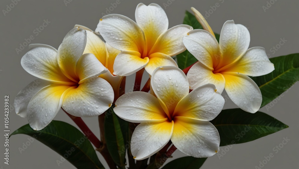 Fototapeta premium Beautiful plumeria flowers with yellow centers, cutout - stock PNG.