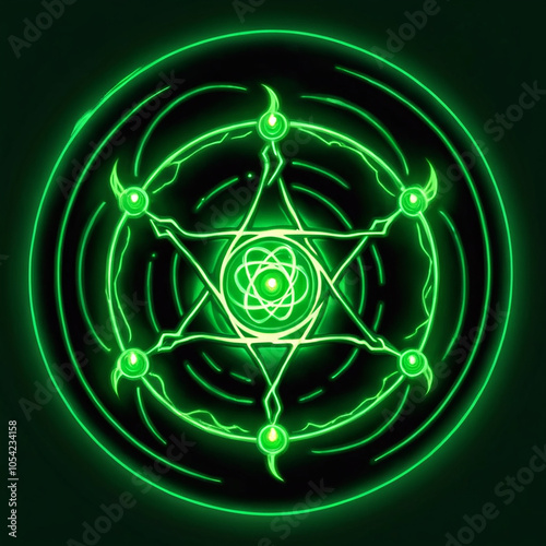 A glowing green pentagram inscribed within a circular frame, featuring five points connected by lines, with a small glowing atomlike symbol in the center, surrounded by concentric circles. photo