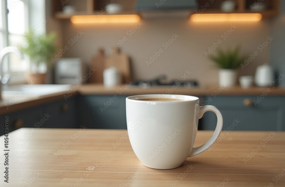 Fototapeta premium Coffee cup on wooden table in modern kitchen