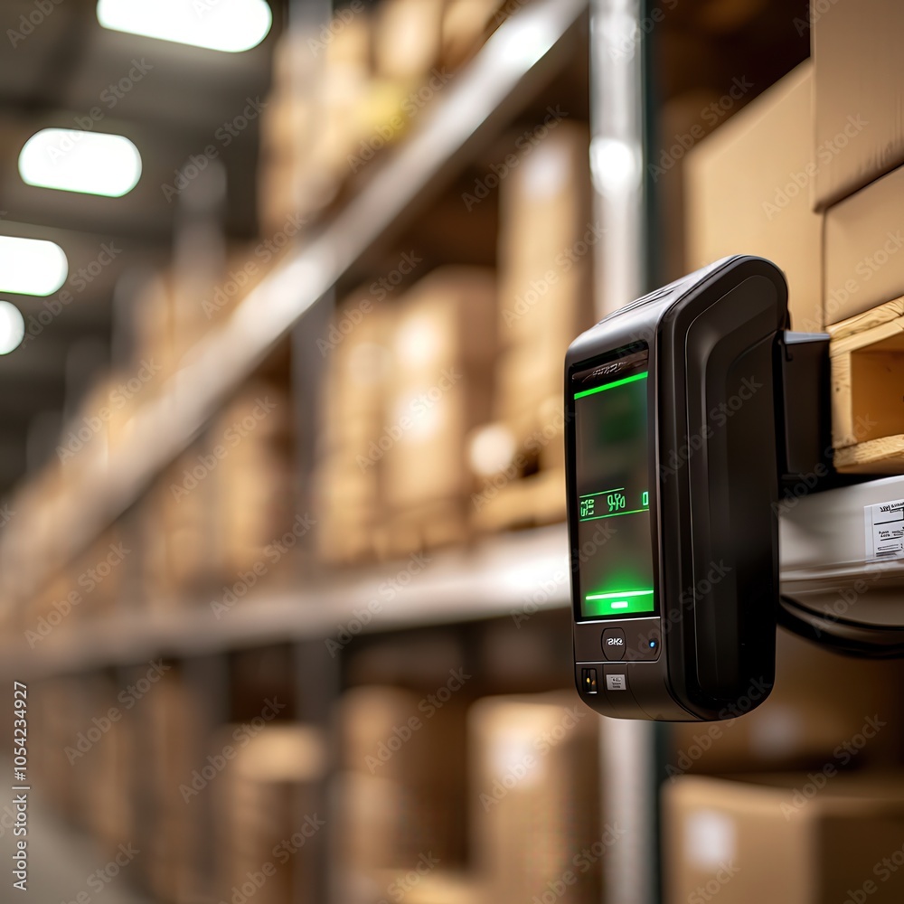 Advanced Inventory Management System Displaying Stock Levels in a Warehouse Setting Advanced Inventory Management System Displaying Stock Levels in a Warehouse Setting
