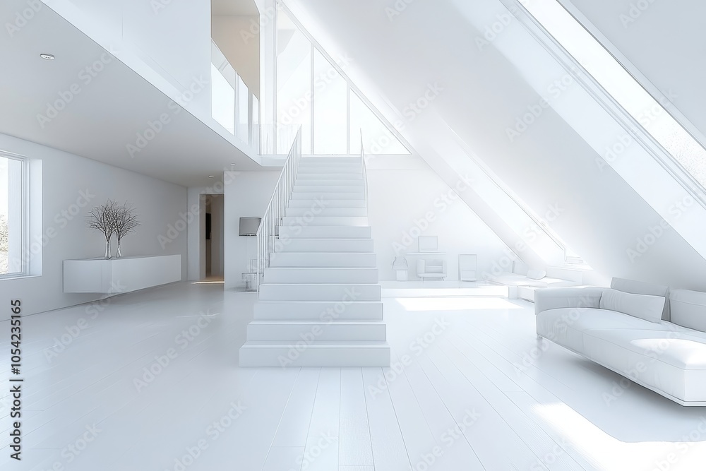Obraz premium Modern bright open space interior in attic, 3d render, Generative AI