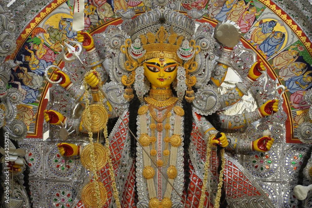 Fototapeta premium A detailed view of a vibrant Durga Puja idol display, showcasing intricate decorations