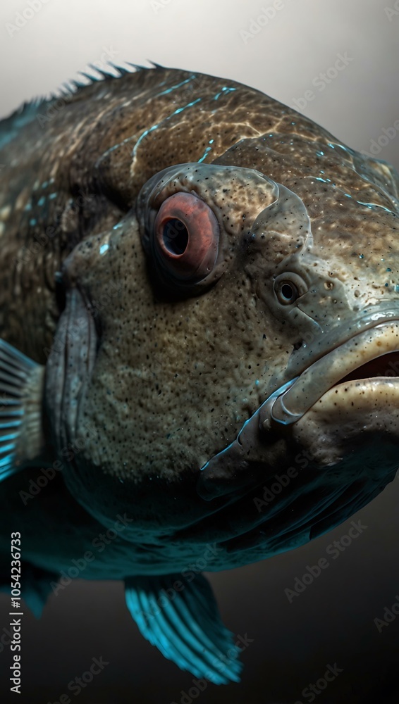 Fototapeta premium Bumphead Parrotfish portrait with white space on right, isolated on black background.