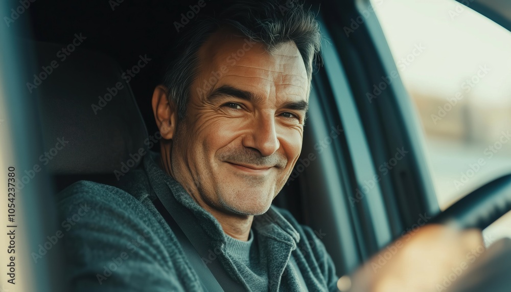 Happy Middle-Aged Man Driving Car, Smiling And Looking Through Open Window, Enjoying Enjoyable Ride In Auto. Happy Middle-Aged Man Driving Car, Smiling And Looking Through Open Window, Enjoying Enjoyable Ride In Auto.