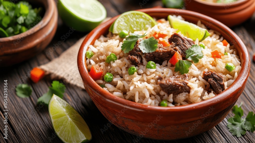 Flavorful Rice Dish with Vegetables and Lime Slices Flavorful Rice Dish with Vegetables and Lime Slices
