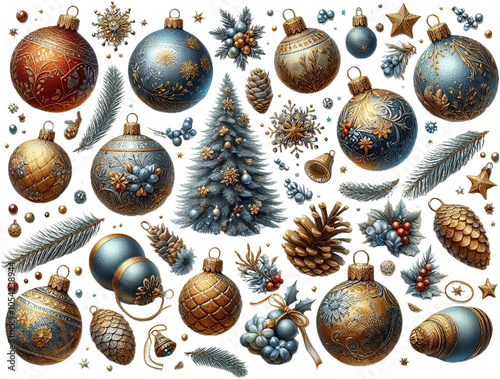 Christmas and New Year background with blue balls, fir branches, cones and snowflakes.