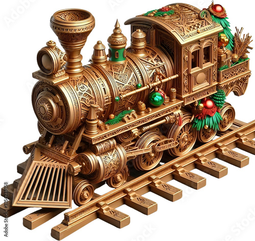 Christmas tree ornament. 3D illustration of an old steam locomotive with ornaments on a transparent background.