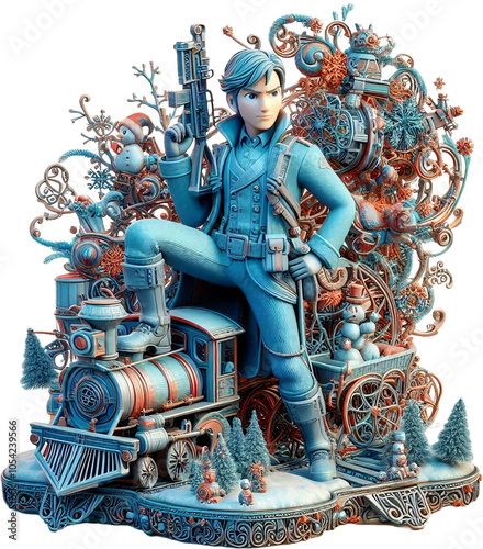 3D Illustration of a Christmas Fairy Tale Figure with a Train a transparent background.